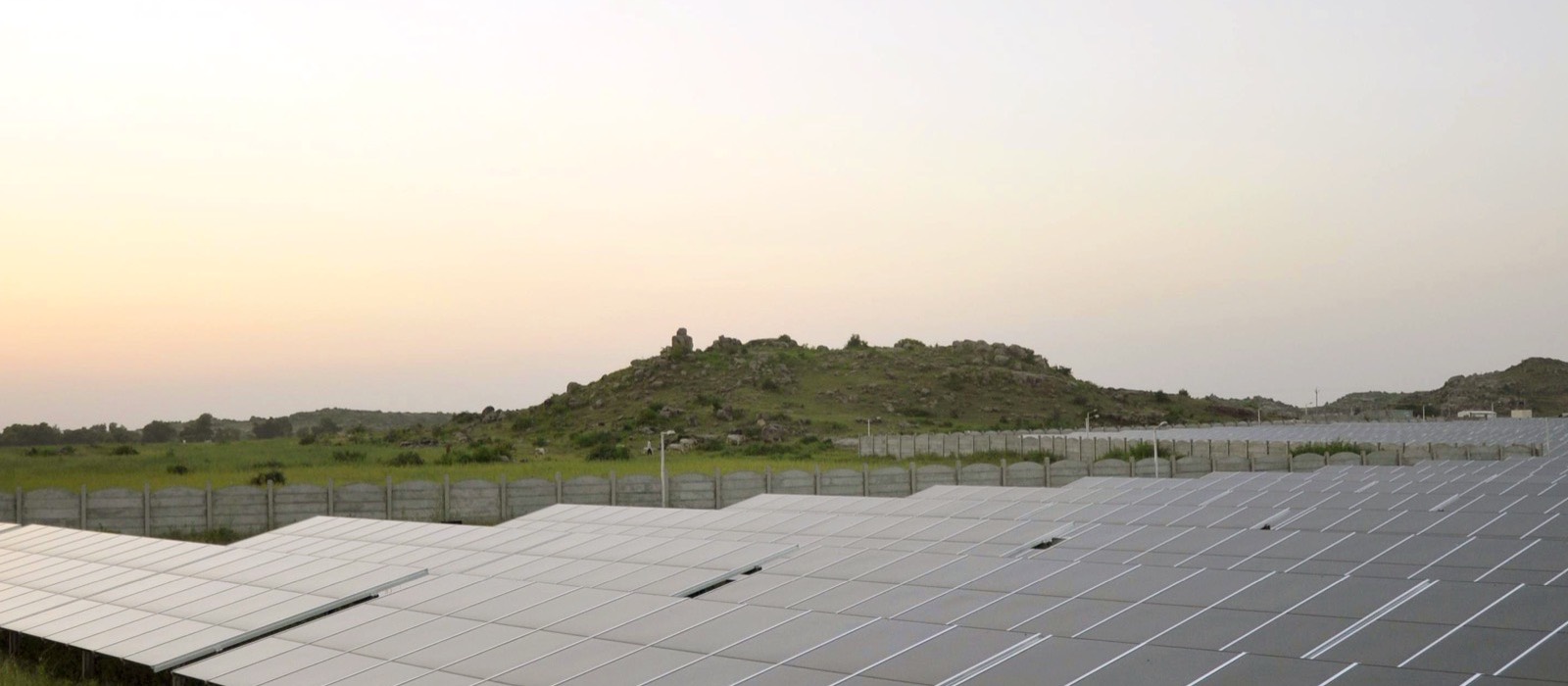 A ground-mounted solar power plant on open land in India at dusk